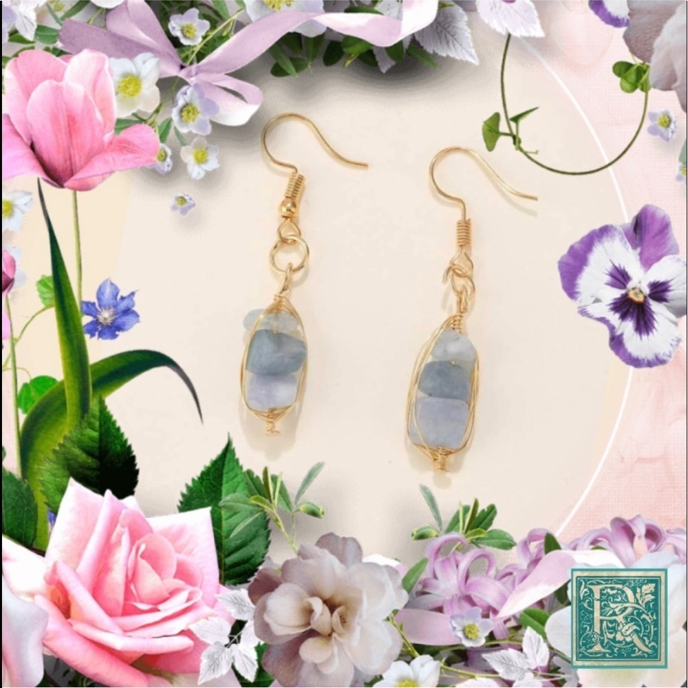 National Blue-Grey Stone Gold Tone Drop Earrings​